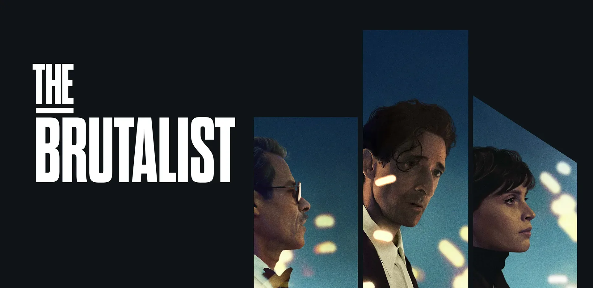 The Brutalist key art featuring Guy Pearce, Adrien Brody, and Felicity Jones